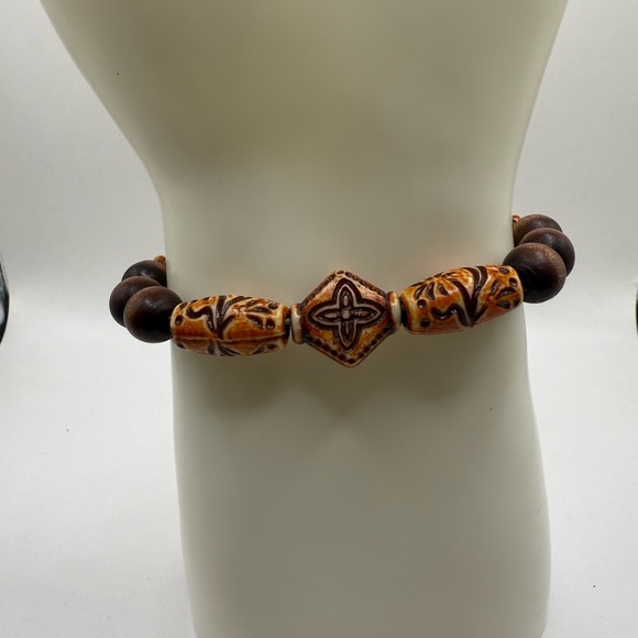 Other - Men's Women's Boho Wooden Agate Stretch Bracelet with Beautiful Symbols